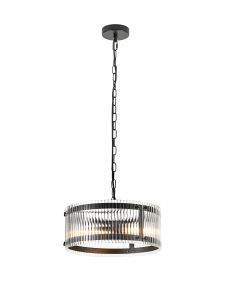 Bruschetta 35cm Pendant, 2 Light E27, Matt Black / Wide Ribbed Clear (C) Glass