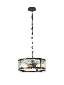 Bruschetta 35cm Pendant, 2 Light E27, Matt Black / Cobbled Clear (D) Glass