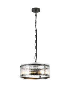 Bruschetta 35cm Pendant, 2 Light E27, Matt Black / Rippled Clear (F) Glass