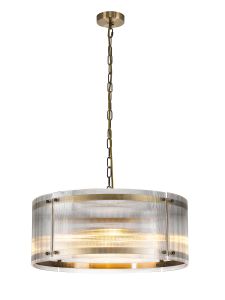 Bruschetta 56.5cm Pendant, 4 Light E27, Antique Brass / Narrow Ribbed Clear (B) Glass