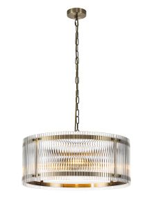 Bruschetta 56.5cm Pendant, 4 Light E27, Antique Brass / Wide Ribbed Clear (C) Glass