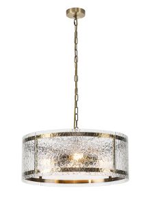 Bruschetta 56.5cm Pendant, 4 Light E27, Antique Brass / Cobbled Clear (D) Glass