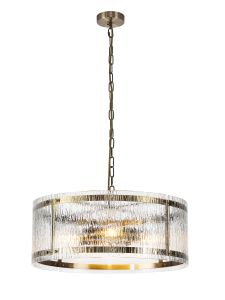 Bruschetta 56.5cm Pendant, 4 Light E27, Antique Brass / Rippled Clear (F) Glass