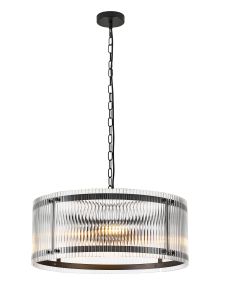 Bruschetta 56.5cm Pendant, 4 Light E27, Matt Black / Wide Ribbed Clear (C) Glass