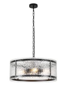 Bruschetta 56.5cm Pendant, 4 Light E27, Matt Black / Cobbled Clear (D) Glass