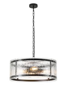 Bruschetta 56.5cm Pendant, 4 Light E27, Matt Black / Rippled Clear (F) Glass