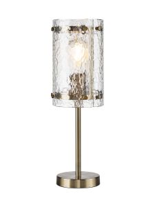Bruschetta Table Lamp, 1 Light E27, Antique Brass / Cobbled Clear (D) Glass