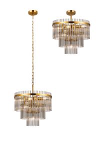 Filo 45cm Pendant/Semi Ceiling 7 Light E14, Brass/Smoke Glass Rods