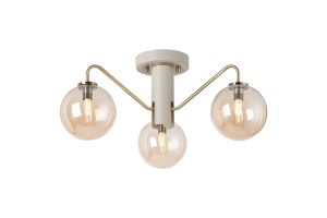 Novo 49cm Semi-Flush Ceiling Light, 3 x G9, Painted Beige/Antique Brass/Amber Smooth Round Glass