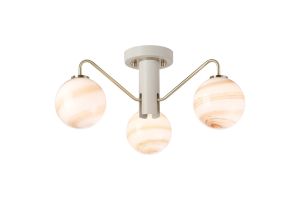 Novo 49cm Semi-Flush Ceiling Light, 3 x G9, Painted Beige/Antique Brass/Brown Round Marble Effect Glass