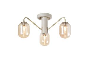 Novo 49cm Semi-Flush Ceiling Light, 3 x G9, Painted Beige/Antique Brass/Amber Smooth Tubular Glass