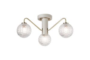 Novo 49cm Semi-Flush Ceiling Light, 3 x G9, Painted Beige/Antique Brass/Clear Cross Pattern Round Glass