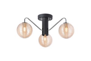 Novo 49cm Semi-Flush Ceiling Light, 3 x G9, Graphite/Chrome/Amber Ribbed Round Glass