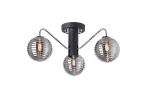 Novo 49cm Semi-Flush Ceiling Light, 3 x G9, Graphite/Chrome/Smoke Ribbed Round Glass