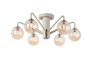 Novo 65cm Semi-Flush Ceiling Light, 6 x G9, Painted Beige/Antique Brass/Amber Smooth Round Glass