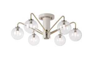 Novo 65cm Semi-Flush Ceiling Light, 6 x G9, Painted Beige/Antique Brass/Clear Smooth Round Glass