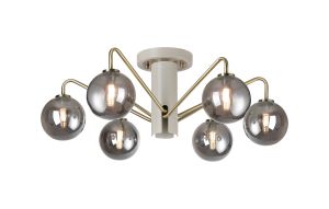 Novo 65cm Semi-Flush Ceiling Light, 6 x G9, Painted Beige/Antique Brass/Smoke Smooth Round Glass