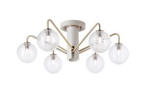 Novo 65cm Semi-Flush Ceiling Light, 6 x G9, Painted Beige/Antique Brass/Clear Ribbed Round Glass