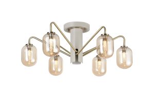 Novo 65cm Semi-Flush Ceiling Light, 6 x G9, Painted Beige/Antique Brass/Amber Smooth Tubular Glass