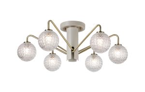Novo 65cm Semi-Flush Ceiling Light, 6 x G9, Painted Beige/Antique Brass/Clear Cross Pattern Round Glass