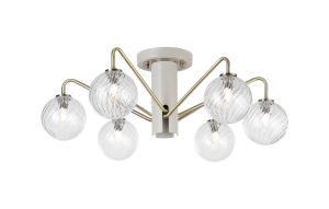Novo 65cm Semi-Flush Ceiling Light, 6 x G9, Painted Beige/Antique Brass/Clear Swirl Round Glass