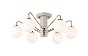 Novo 65cm Semi-Flush Ceiling Light, 6 x G9, Painted Beige/Antique Brass/Opal Round Segment Glass