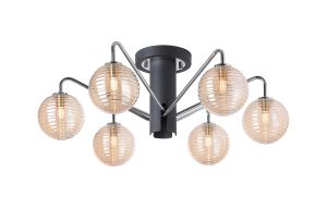 Novo 65cm Semi-Flush Ceiling Light, 6 x G9, Graphite/Chrome/Amber Ribbed Round Glass