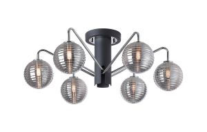 Novo 65cm Semi-Flush Ceiling Light, 6 x G9, Graphite/Chrome/Smoke Ribbed Round Glass