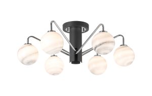 Novo 65cm Semi-Flush Ceiling Light, 6 x G9, Graphite/Chrome/Grey Round Marble Effect Glass