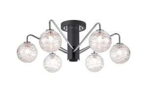 Novo 65cm Semi-Flush Ceiling Light, 6 x G9, Graphite/Chrome/Clear Dune Effect Round Glass