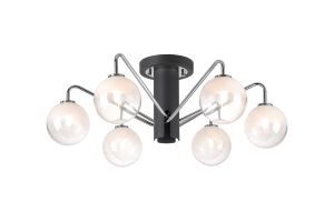 Novo 65cm Semi-Flush Ceiling Light, 6 x G9, Graphite/Chrome/White Two-Tone Snow Specks Round Glass