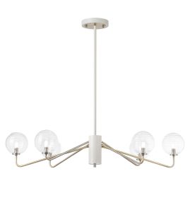 Novo 87cm Multi Height Pendant, 6 x G9, Painted Beige/Antique Brass/Clear Ribbed Round Glass