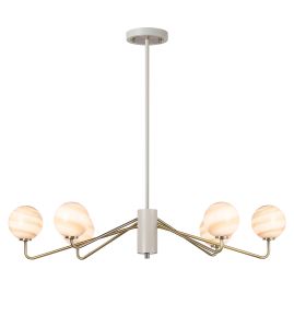 Novo 87cm Multi Height Pendant, 6 x G9, Painted Beige/Antique Brass/Brown Round Marble Effect Glass
