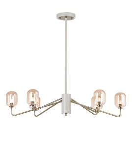 Novo 87cm Multi Height Pendant, 6 x G9, Painted Beige/Antique Brass/Amber Smooth Tubular Glass