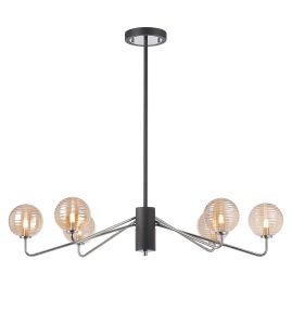 Novo 87cm Multi Height Pendant, 6 x G9, Graphite/Chrome/Amber Ribbed Round Glass