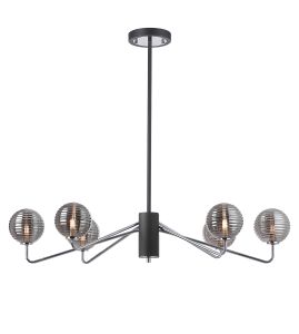 Novo 87cm Multi Height Pendant, 6 x G9, Graphite/Chrome/Smoke Ribbed Round Glass