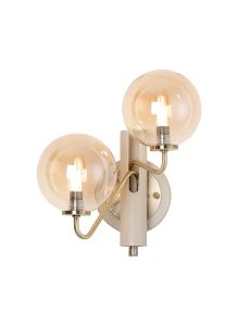 Novo Wall Light Switched, 2 x G9, Painted Beige/Antique Brass/Amber Smooth Round Glass
