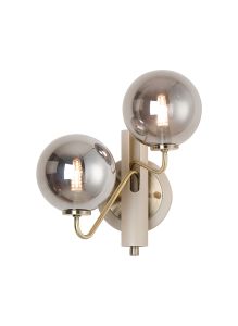 Novo Wall Light Switched, 2 x G9, Painted Beige/Antique Brass/Smoke Smooth Round Glass