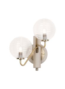 Novo Wall Light Switched, 2 x G9, Painted Beige/Antique Brass/Clear Ribbed Round Glass