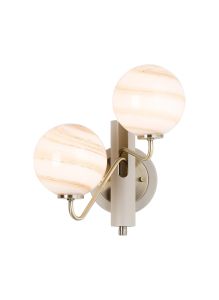 Novo Wall Light Switched, 2 x G9, Painted Beige/Antique Brass/Brown Round Marble Effect Glass