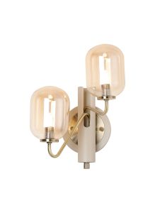 Novo Wall Light Switched, 2 x G9, Painted Beige/Antique Brass/Amber Smooth Tubular Glass