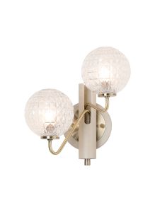 Novo Wall Light Switched, 2 x G9, Painted Beige/Antique Brass/Clear Cross Pattern Round Glass