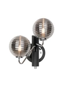 Novo Wall Light Switched, 2 x G9, Graphite/Chrome/Smoke Ribbed Round Glass
