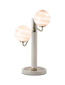 Novo Table Lamp Switched, 2 x G9, Painted Beige/Antique Brass/Brown Round Marble Effect Glass