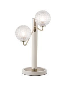 Novo Table Lamp Switched, 2 x G9, Painted Beige/Antique Brass/Clear Cross Pattern Round Glass