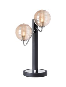 Novo Table Lamp Switched, 2 x G9, Graphite/Chrome/Amber Ribbed Round Glass