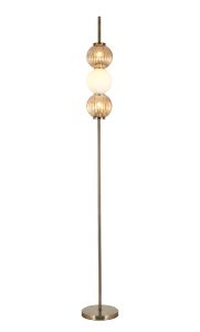 Gualtier Floor Lamp, 3 x G9, Antique Brass/Amber/Opal Glass