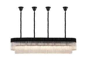 Vita 180 x 40cm Linear Pendant With Bell Cup, 9 Light E14, Matt Black/Clear Sculpted Glass, Item Weight: 44kg