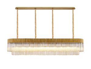 Vita 200 x 40cm Linear Pendant, 10 Light E14, Brass/Cognac Sculpted Glass, Item Weight: 53kg