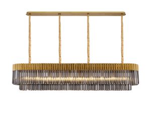 Vita 200 x 40cm Linear Pendant, 10 Light E14, Brass/Smoked Sculpted Glass, Item Weight: 53kg